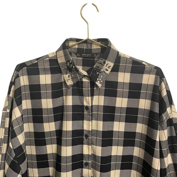 Zara Oversized Plaid Gem Rhinestone Collar Navy White Shirt Dress Size L - Picture 3 of 7